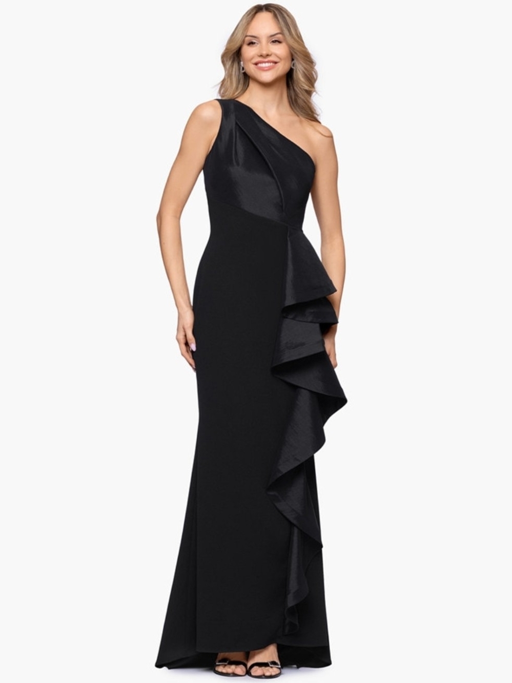 Betsy & Adam Dress Long Black One-Shoulder Ruffle Evening Gown Size 12